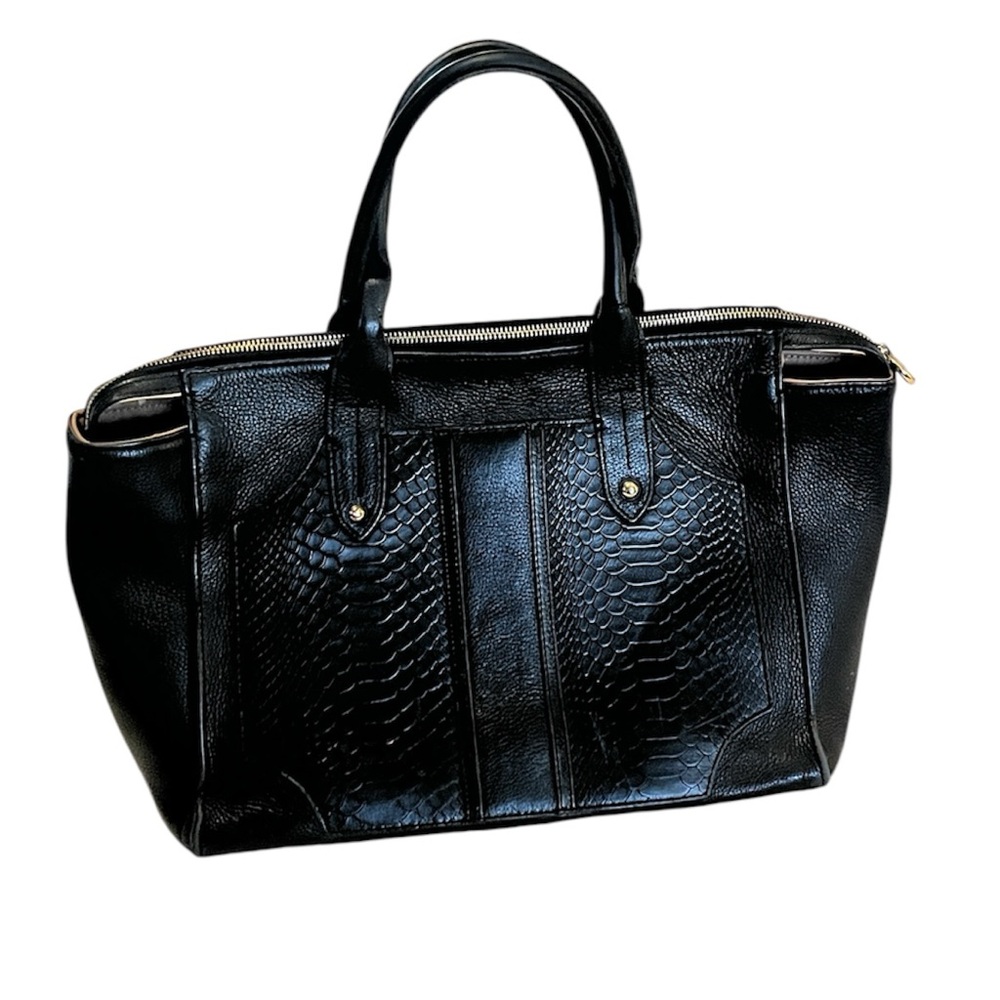 Black GiGi New York Gates Textured Leather Monogramed Contemporary Satchel Bag - Picture 2 of 14